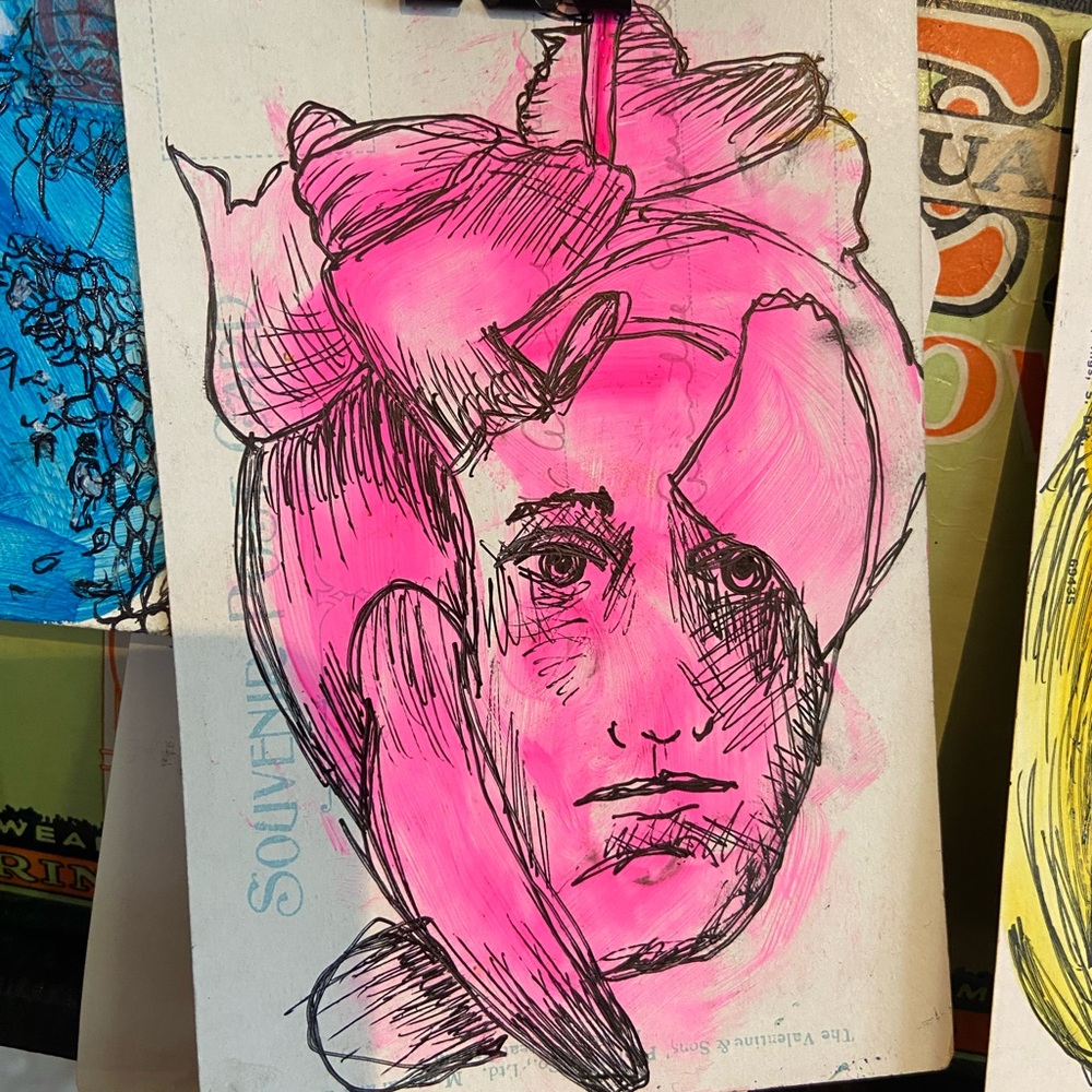 Abstract Pink Portrait Art on Vintage Post Card